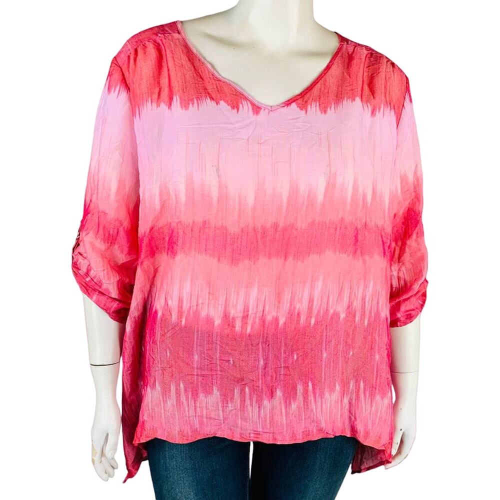 Zac & Rachel Womans‎ Sz 3X Blouse Pink Ombre V Neck Role Tab Sleeve